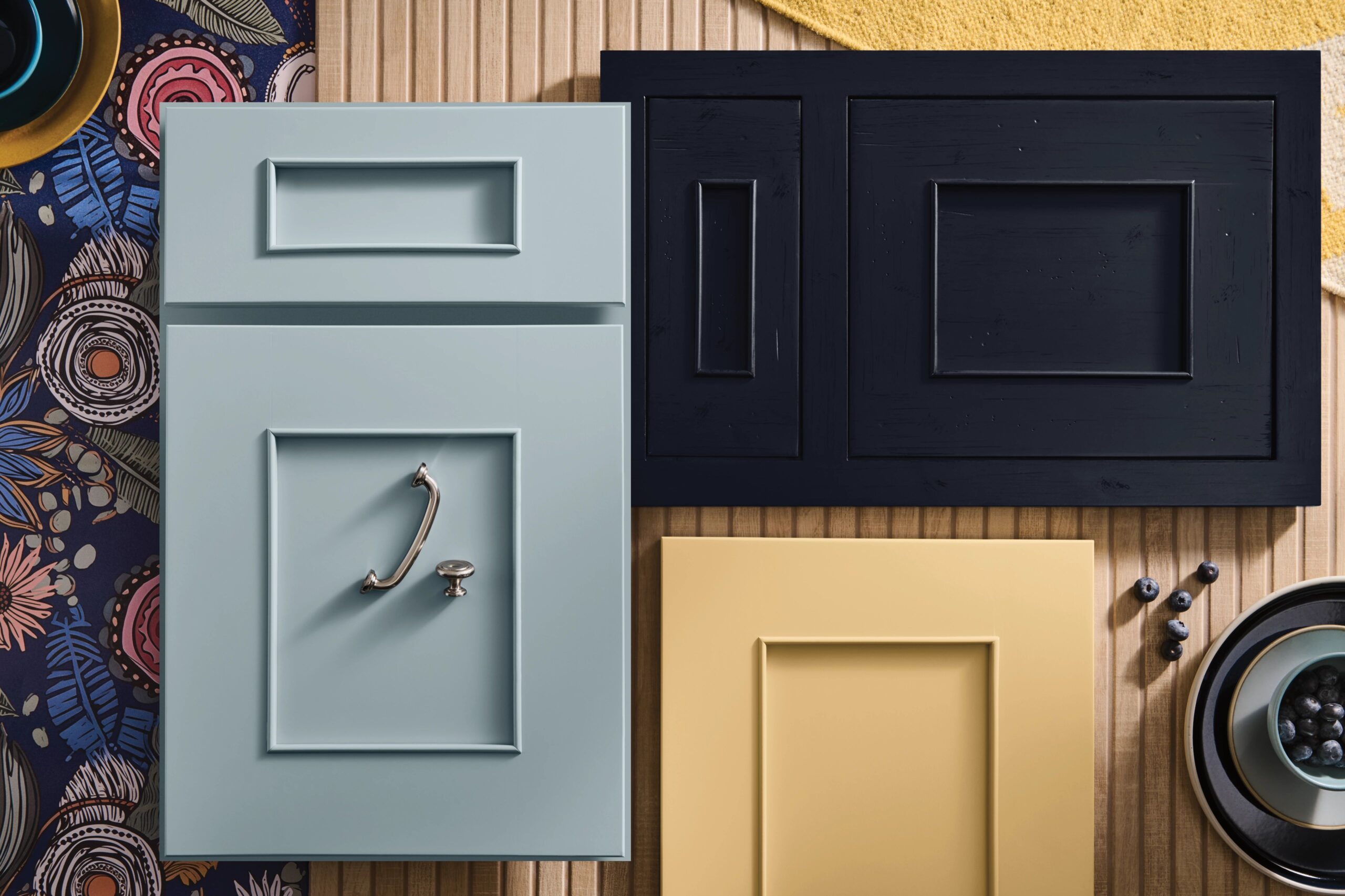 (Gold) Park Place Raised Panel in Dewpoint, Flat Panel in Hydrangea and Shadow all on maple