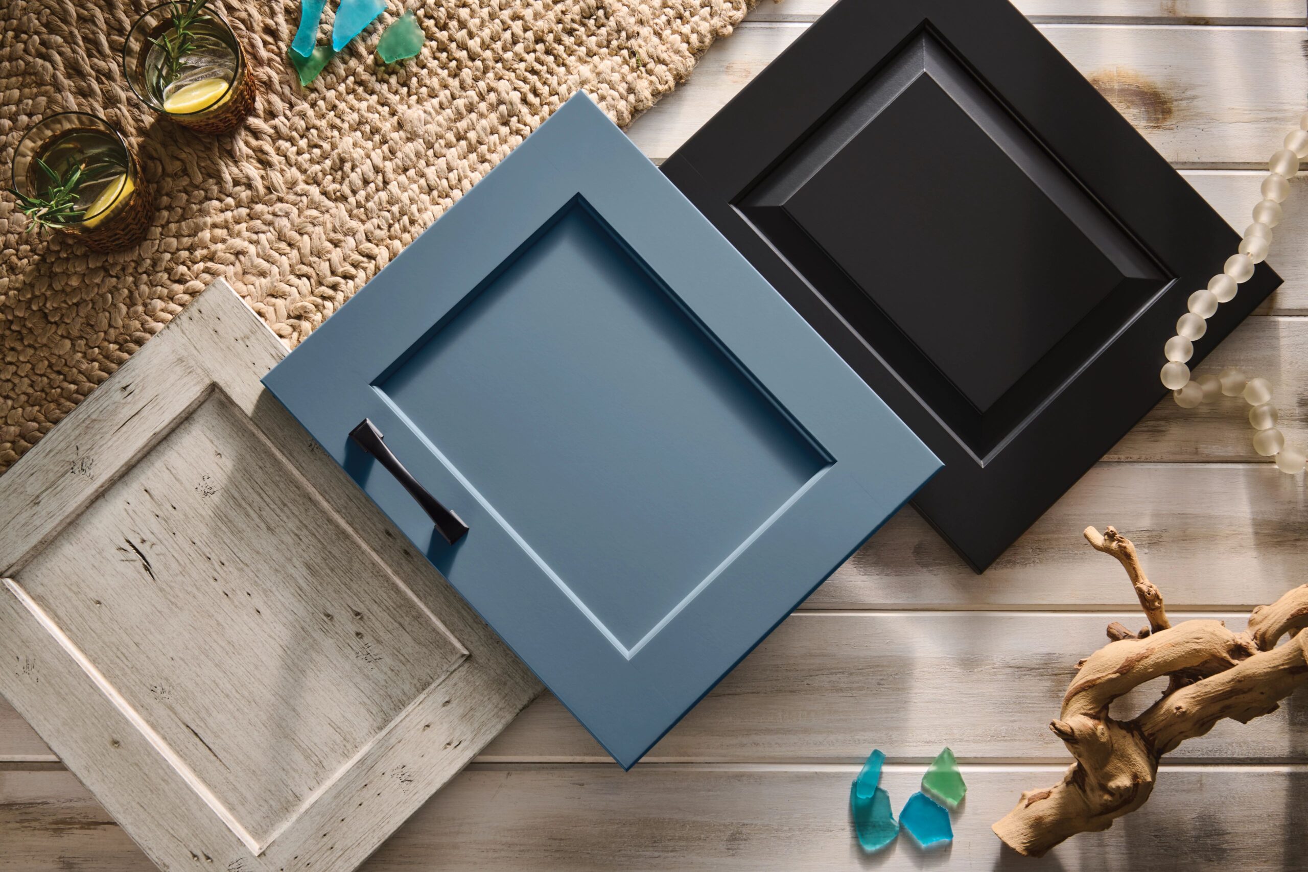 (Gold) Brookhill Raised Panel in Hydrangea, Flat Panel in Irish Crème, and Reverse Raised Panel in Biscotti all on maple