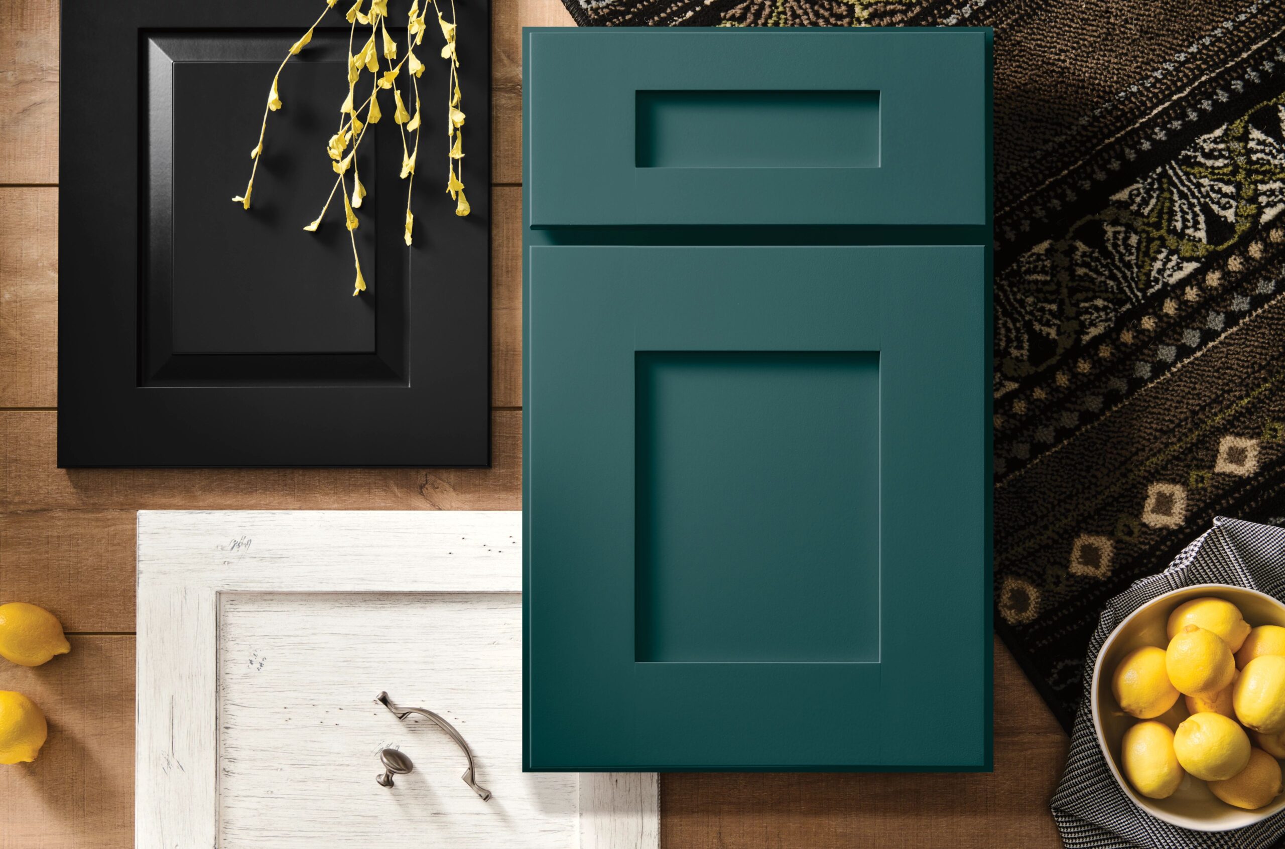 (Gold) Sonoma Flat Panel in Ocean Jade and Orchid, (Platinum) Oasis in Hearth all on maple