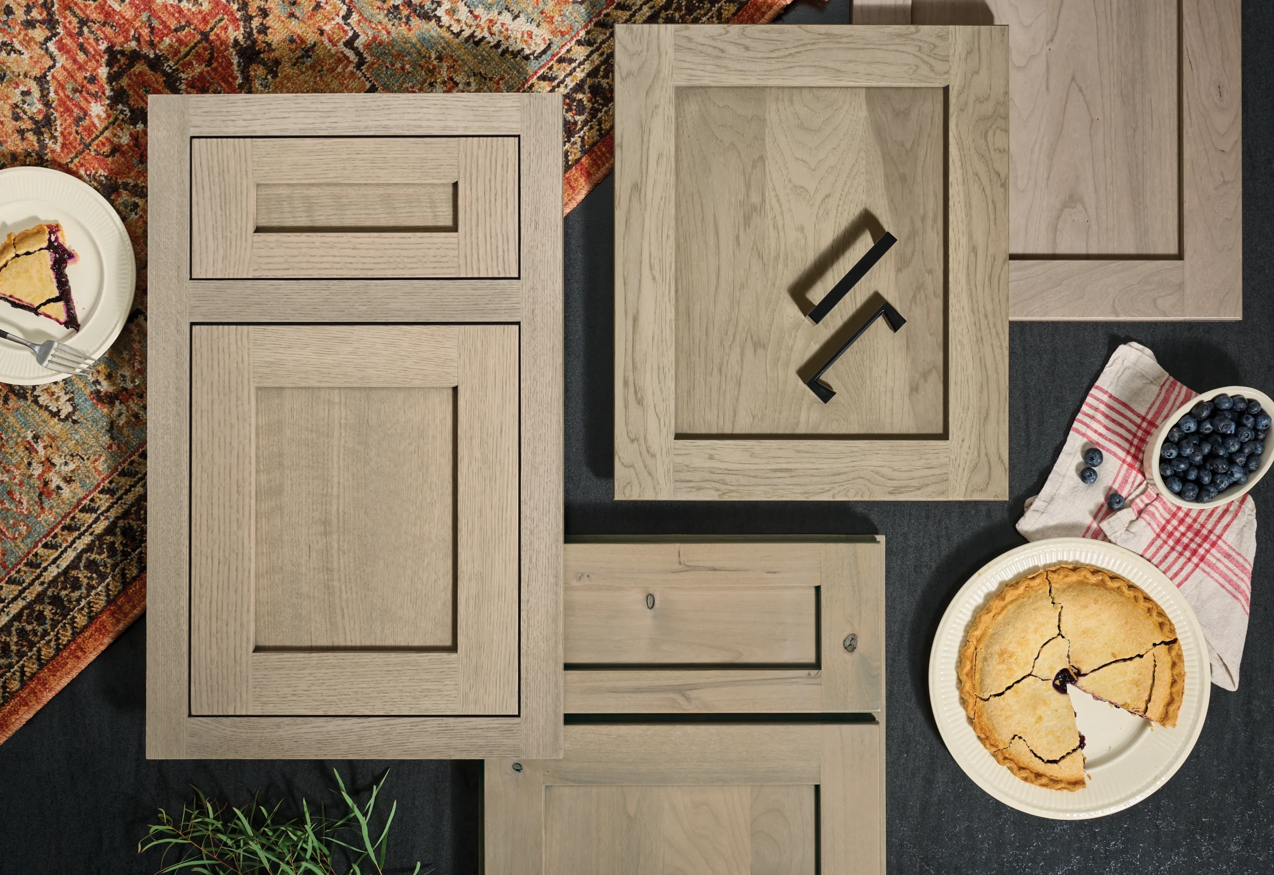 (Gold) Park Place Raised Panel in Dewpoint, Flat Panel in Hydrangea and Shadow all on maple